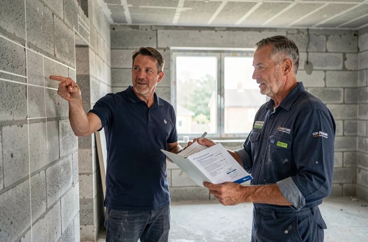Propriétaire et plaquiste discutant d'un devis lors d'une visite de chantier dans une pièce non rénovée