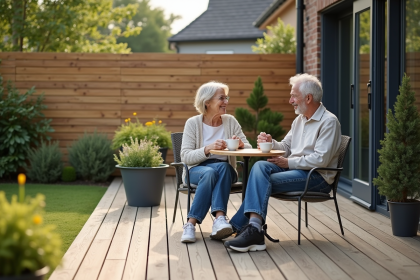 Couple détendu sur terrasse en bois avec jardin
