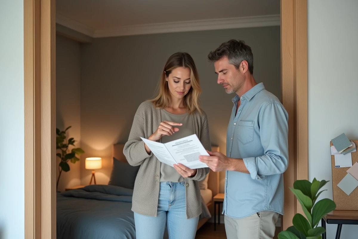 Couple consultant leur devis décoration pour harmoniser chambre et salon, examinant une étude d'aménagement intérieur personnalisée