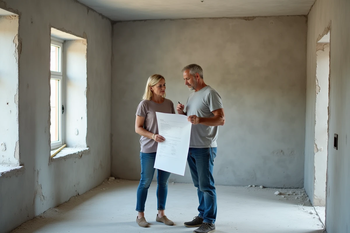 Couple examinant un devis de rénovation dans une pièce vidée et en cours de démolition