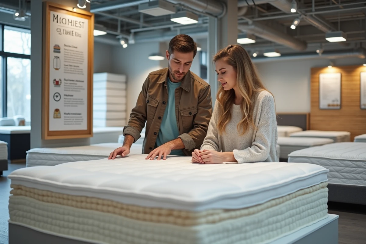 Jeune couple discutant devant un crosssection de matelas