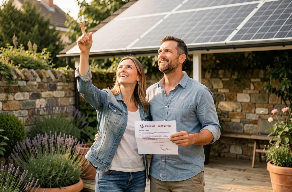 Couple de propriétaires examinant le devis d'installation de panneaux solaires Solarwatt
