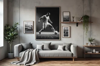 Décoration murale football avec cadres vintages et poster noir et blanc dans un salon moderne au style urbain