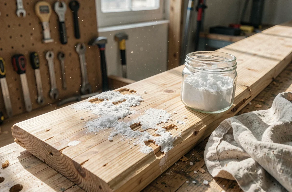 Détail de planche en bois de pin abîmée par une mauvaise application d'acide oxalique, résidus blanchâtres et grain soulevé