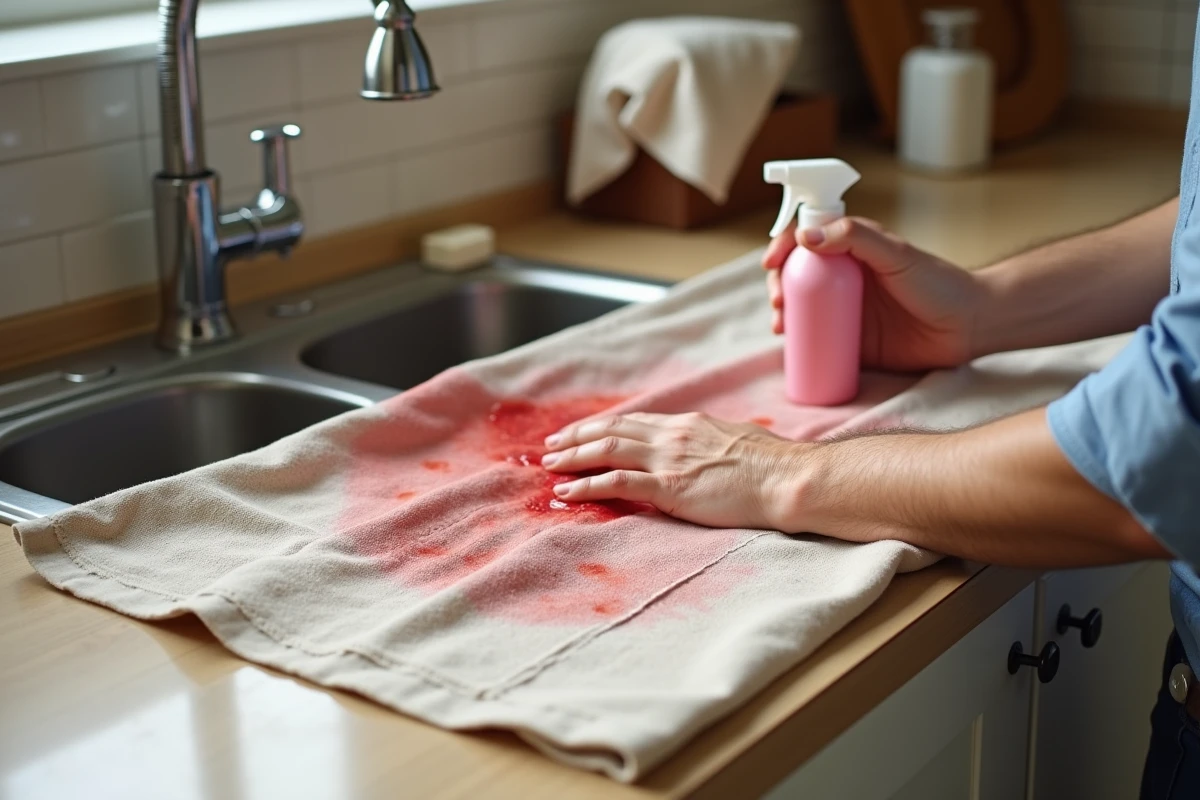 Mains en train de frotter une tache de fruit séchée sur une nappe beige avec un détachant