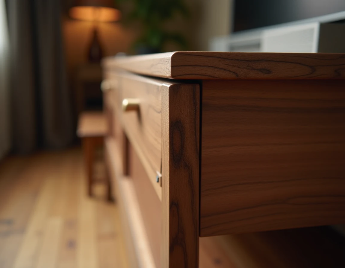 Détail de la menuiserie en bois massif noyer d'un meuble TV d'angle avec poignée laiton brossé