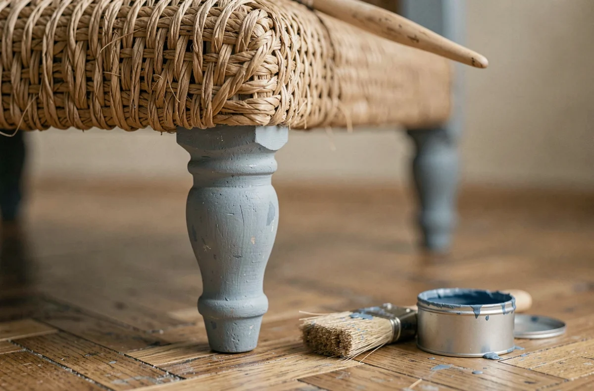 Gros plan sur le siège en paille tressée d'une chaise relookée avec peinture bleue et pinceau artisanal