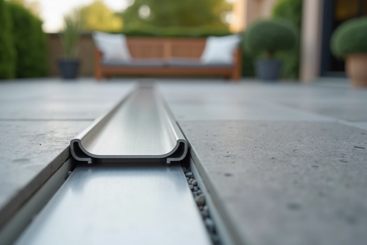 Détail gros plan d'une cornière alu extérieur installée en bordure de terrasse carrelée