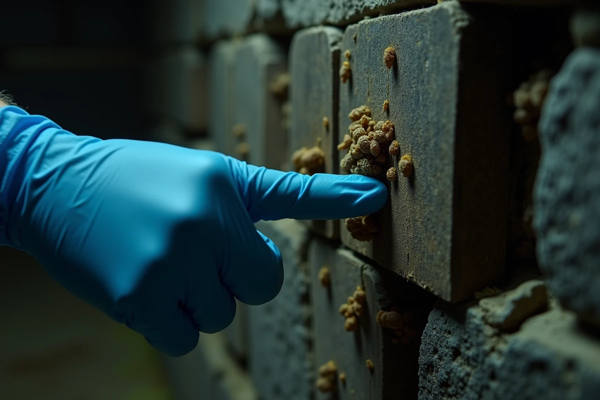 Main gantée indiquant des pupes de mouche sur un panneau en bois dans une cave humide