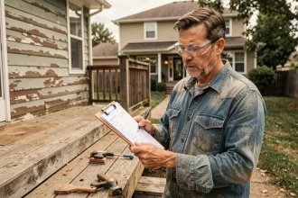 Artisan tenant un devis de sablage sur une terrasse en bois dégradée avec outils de ponçage au sol