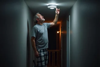 Homme en pyjama debout sur un escabeau testant un détecteur de fumée au plafond la nuit dans un couloir résidentiel