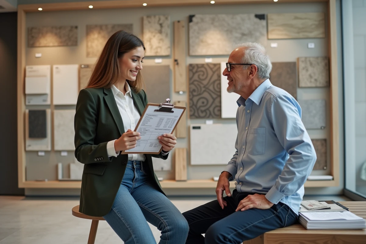 Femme discutant avec un artisan dans un magasin de carrelage