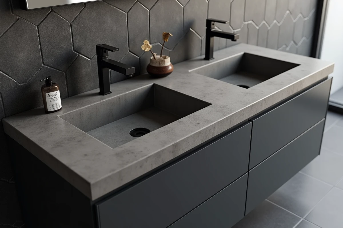 Double vasque intégrée 120 cm avec robinets noirs mat sur plan vasque béton gris dans une salle de bain contemporaine
