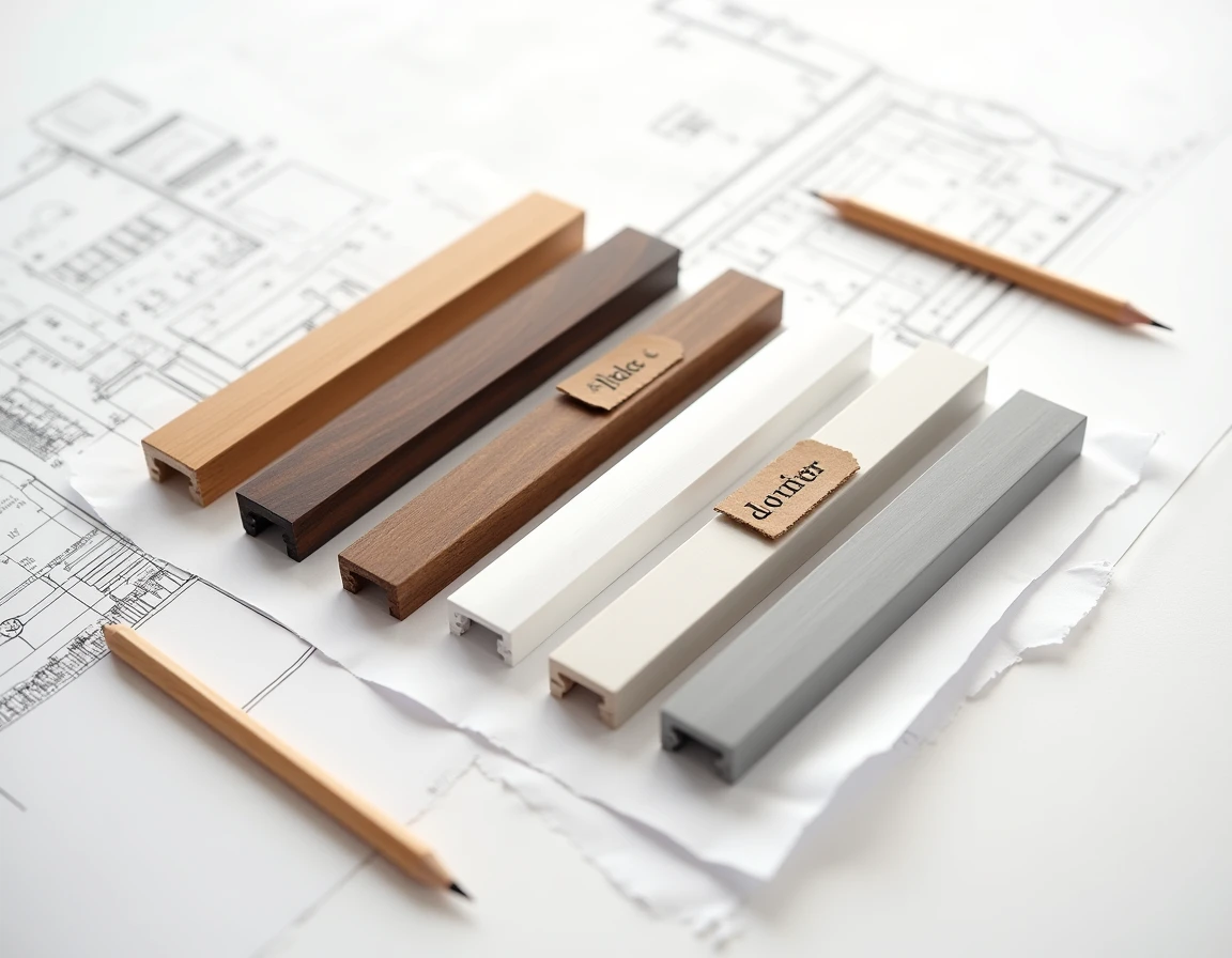 Assortiment de cinq échantillons de cache angle plinthe en différentes essences et finitions bois sur fond blanc style studio design