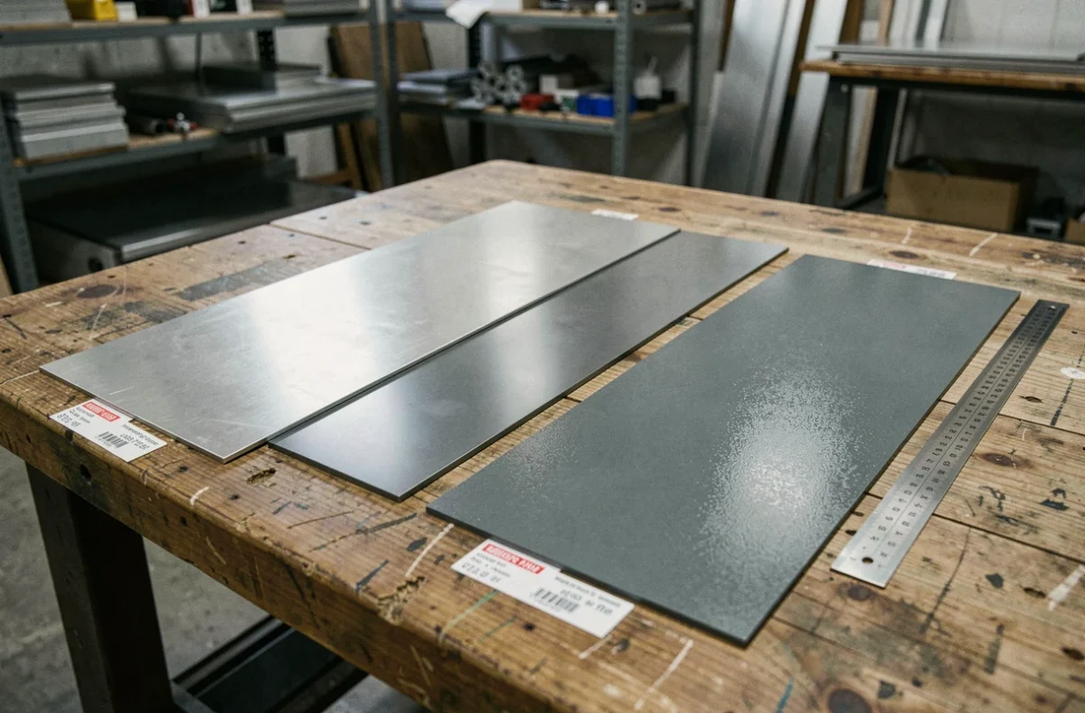Échantillons de tôles aluminium de différentes finitions pour usage extérieur sur table d'atelier