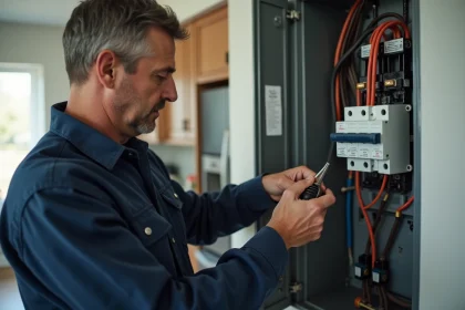 Électricien en action installant un disjoncteur dans un panneau électrique moderne