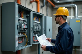 Électricien examinant un tableau électrique déporté monté sur un mur en béton dans un local technique industriel