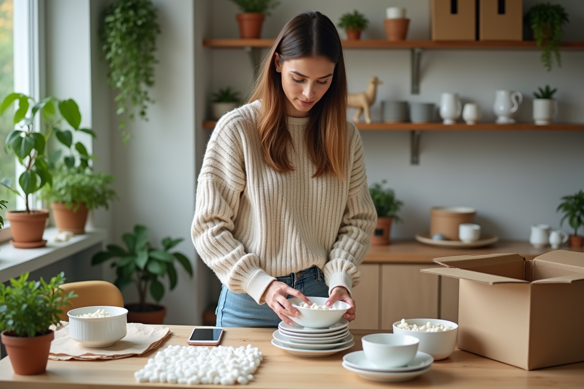 Jeune femme emballant vaisselle en papier recyclé