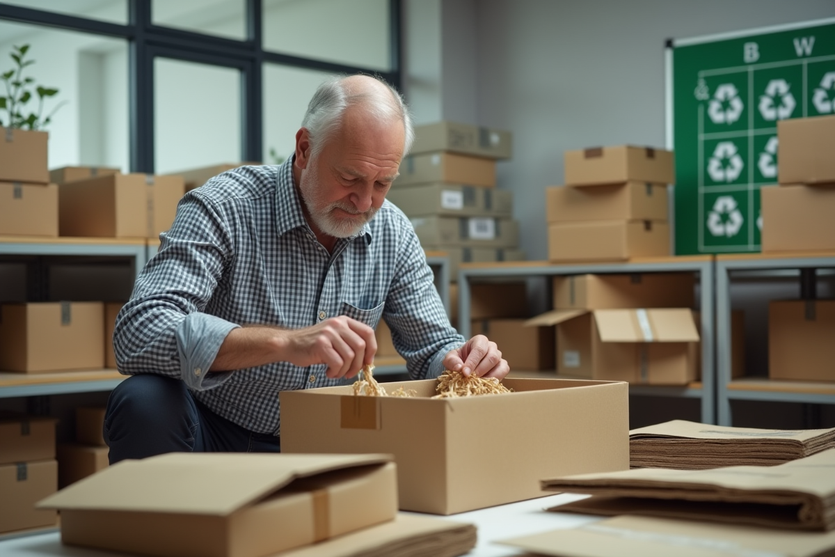 Homme âgé emballant un appareil électronique dans un bureau