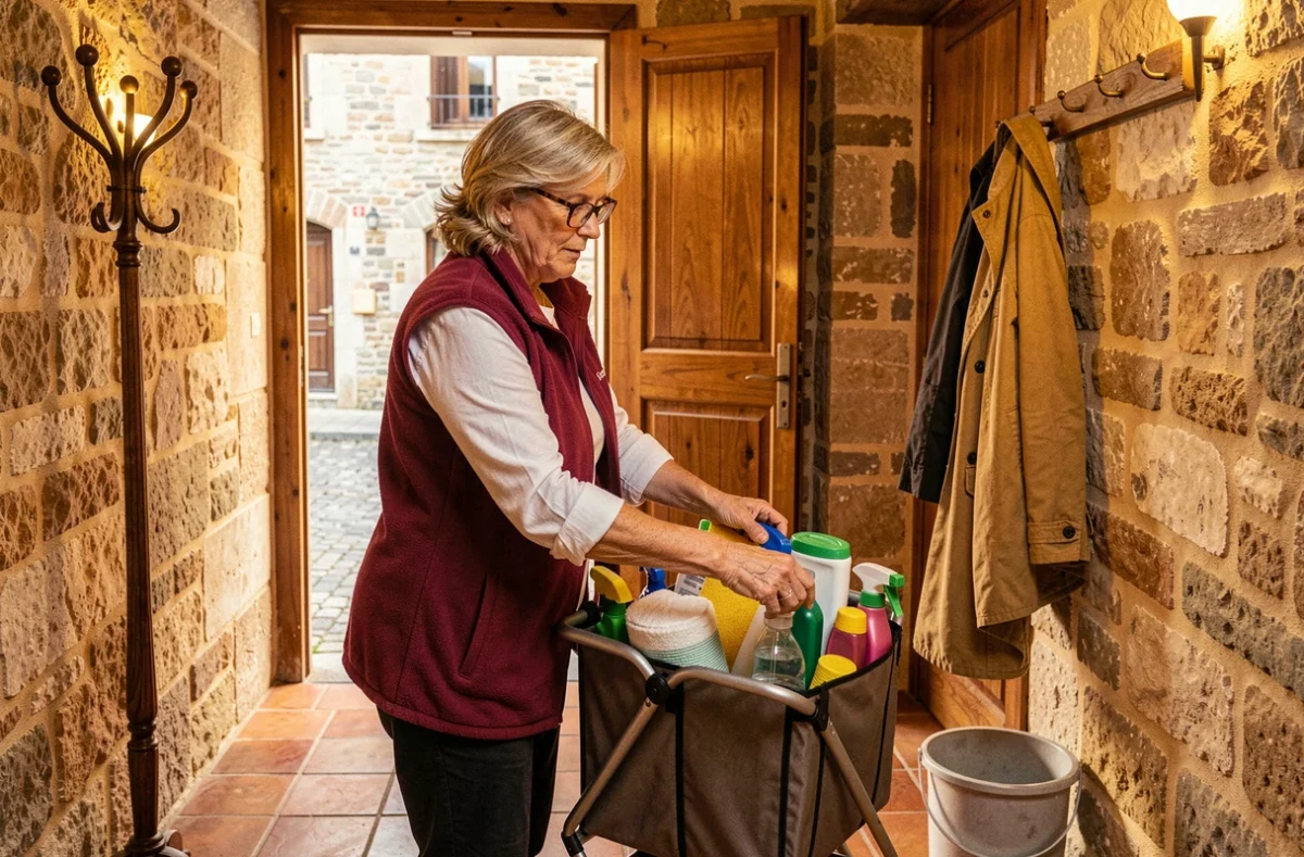 Employée de maison âgée rangeant ses produits ménagers dans le couloir d'une maison de ville bordelaise aux murs en pierre