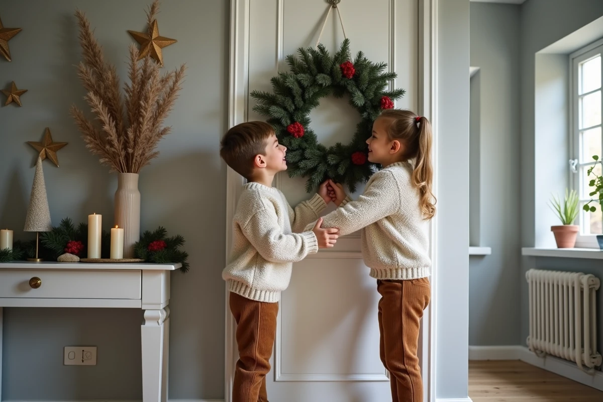 Enfants joyeux accrochant une couronne de Noël à la porte