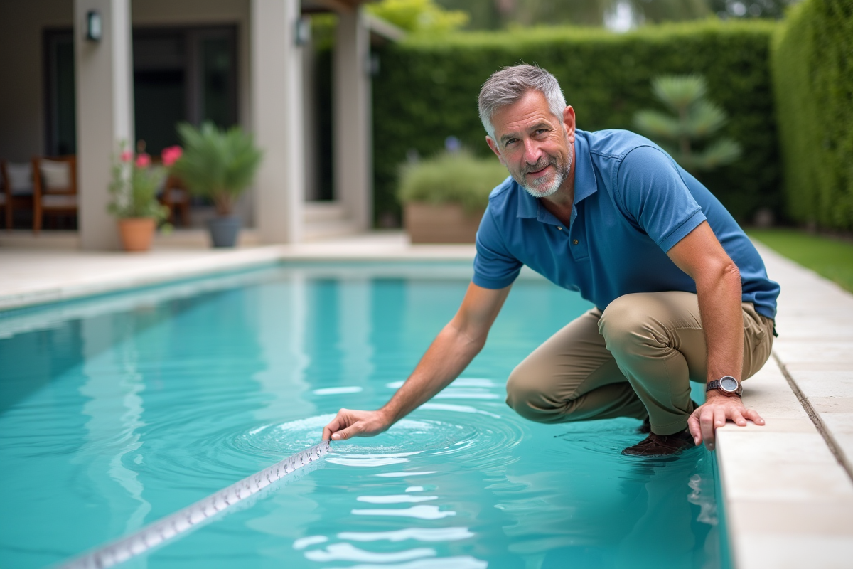 Expert piscine en polo bleu mesurant l'eau de la piscine