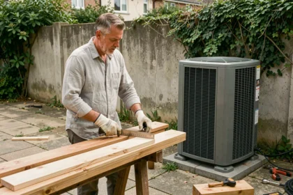 Homme mesurant des planches en bois pour fabriquer un cache pompe à chaleur dans un jardin