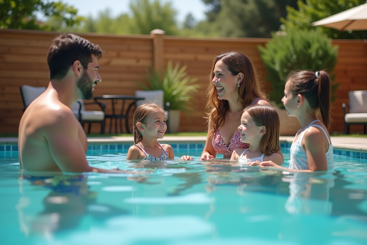 Famille dans la piscine extérieure en été avec enfants et adulte