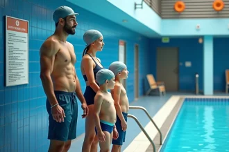 Famille en maillot regardant le panneau de règles piscine