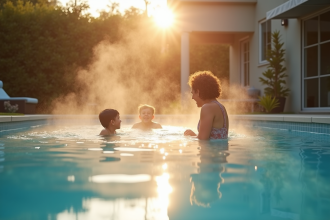 Famille profitant d'une piscine moderne en matinée fraîche