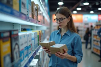 Jeune femme compare deux boîtes de cartouches d'imprimante