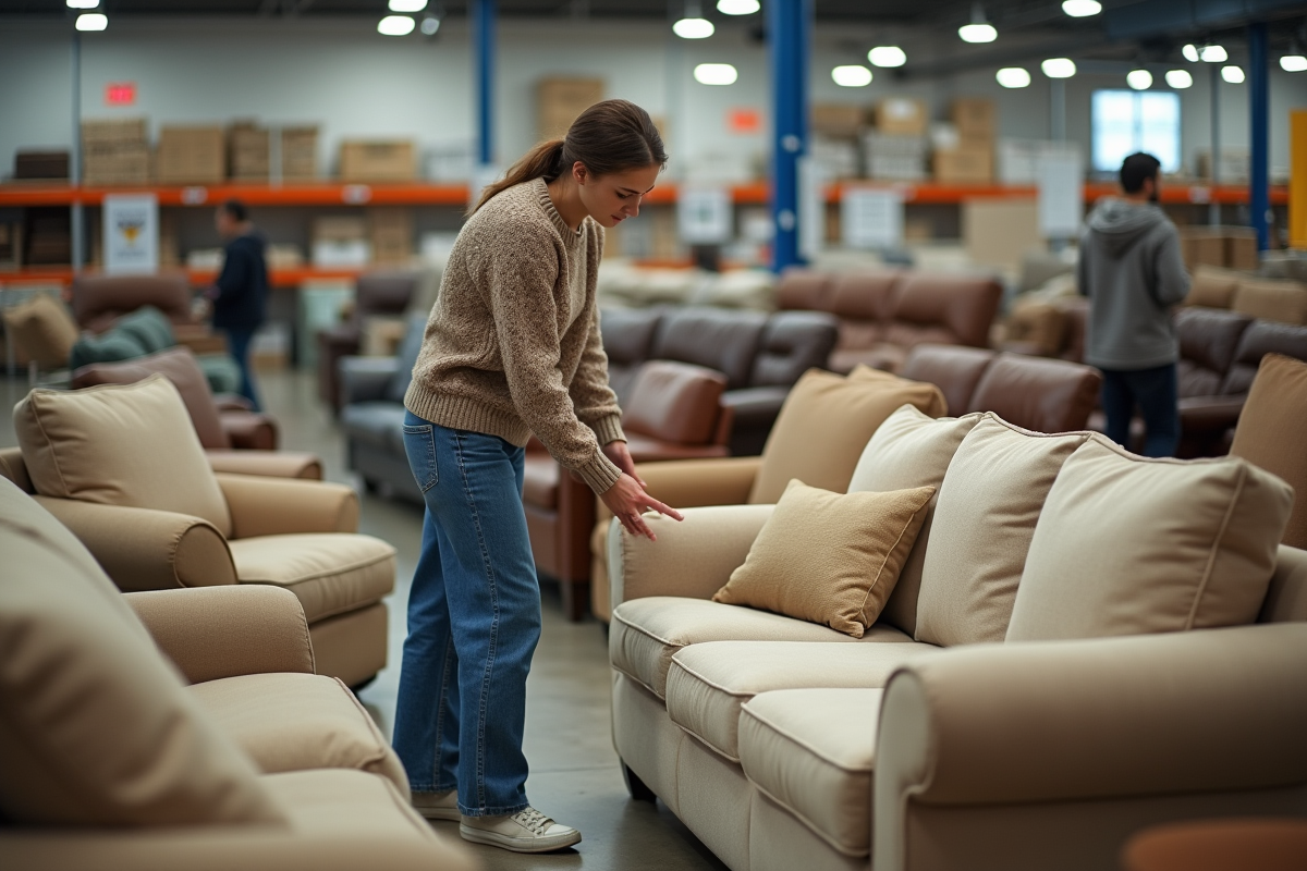 Femme inspectant un canapé d'occasion dans un centre de dons
