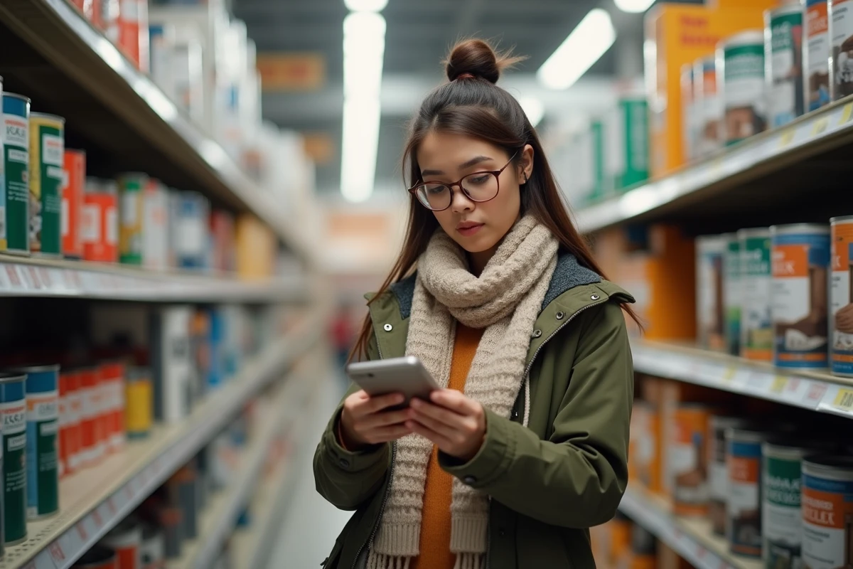 Jeune femme vérifie un guide de rénovation dans un magasin