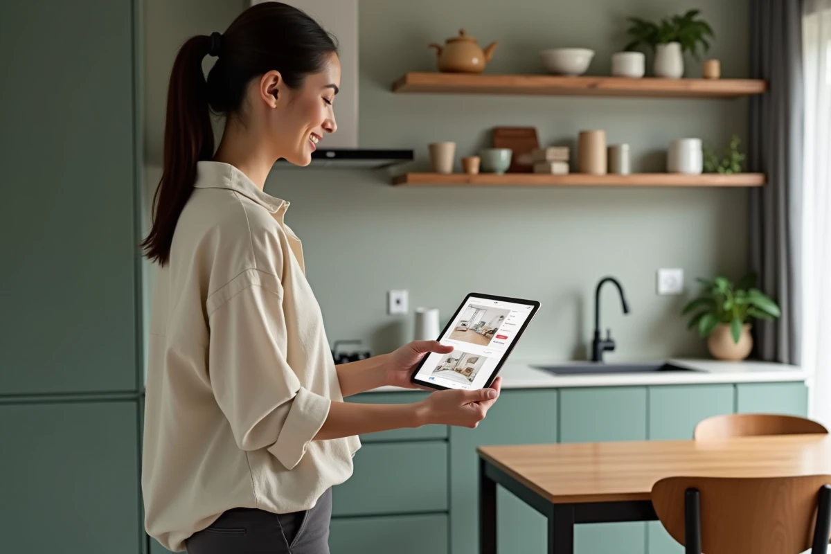 Femme utilisant une application de décoration sur tablette dans une petite cuisine moderne aménagée avec rangements astucieux