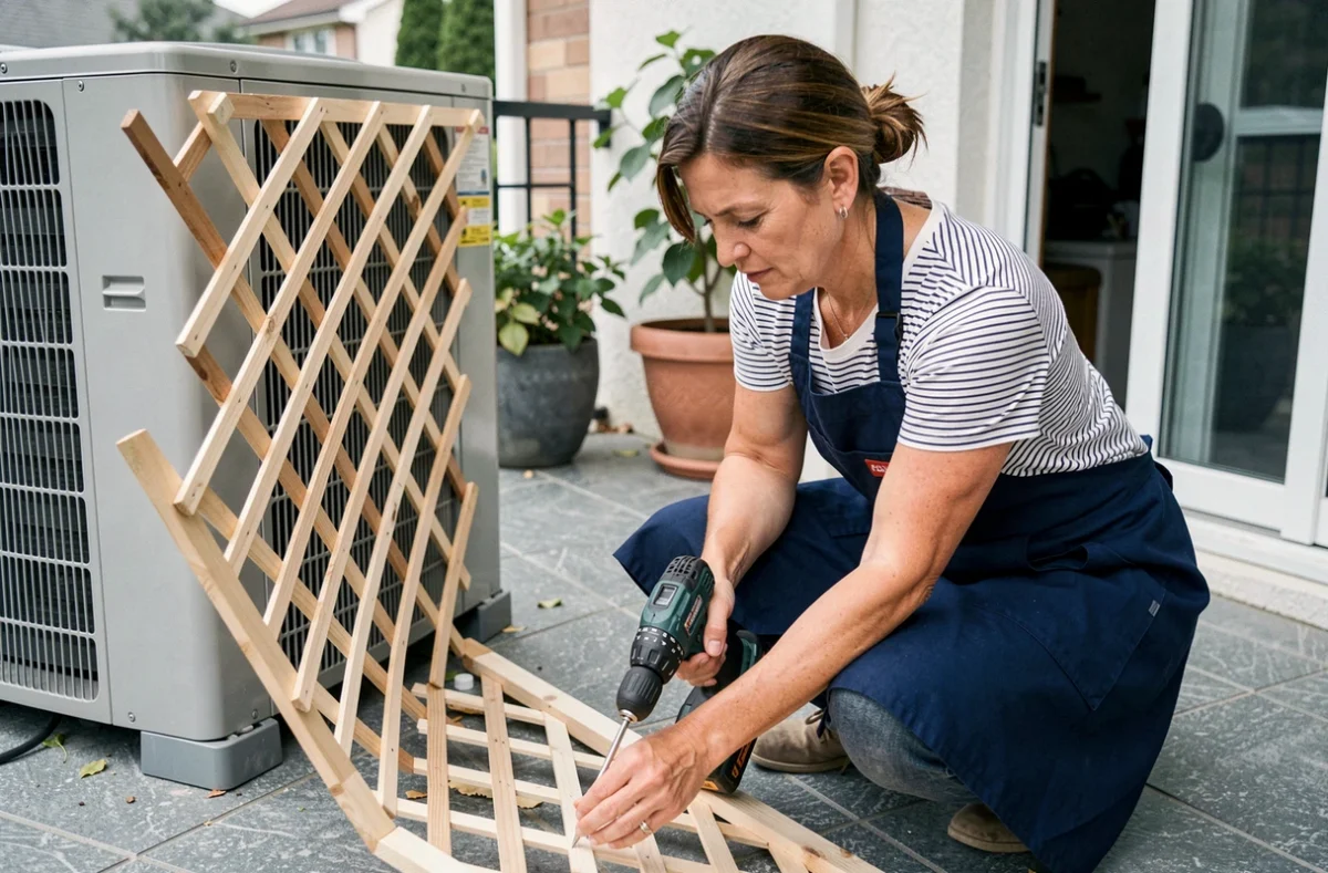 Femme assemblant un panneau treillis en bois devant une pompe à chaleur sur une terrasse