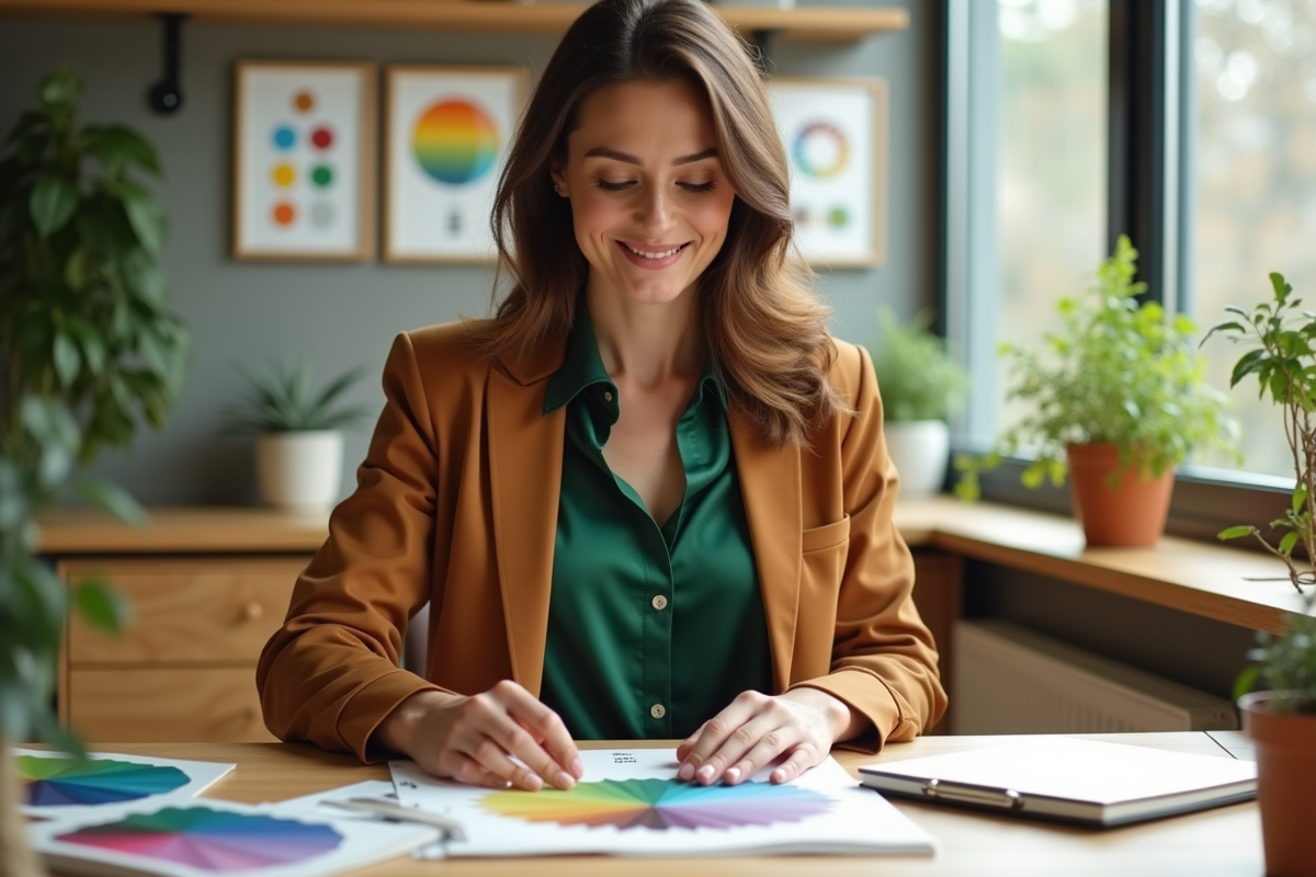 Femme élégante dans un bureau lumineux arrangeant des échantillons de couleurs