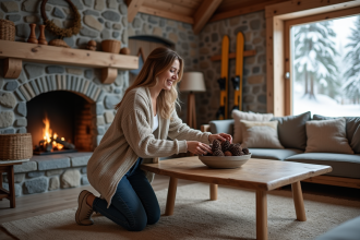 Femme arrangeant des pommes de pin dans un bol décoratif dans un chalet