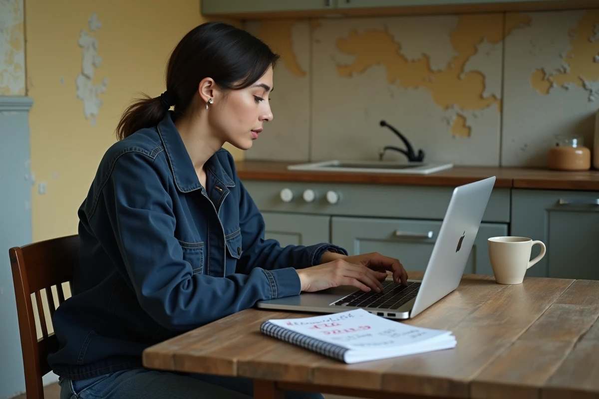 Femme consultant une plateforme d'estimation de rénovation en ligne dans un appartement à rénover