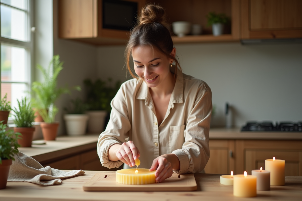 Femme souriante versant de la cire d'abeille fondue dans un moule à bougie
