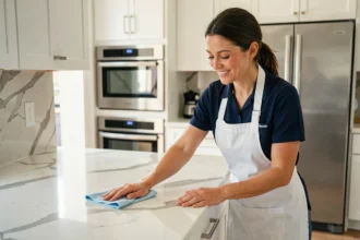 Femme de ménage professionnelle nettoyant un plan de travail en marbre dans une cuisine moderne
