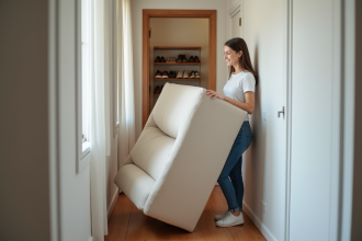 Jeune femme déplaçant un canapé beige dans un couloir moderne