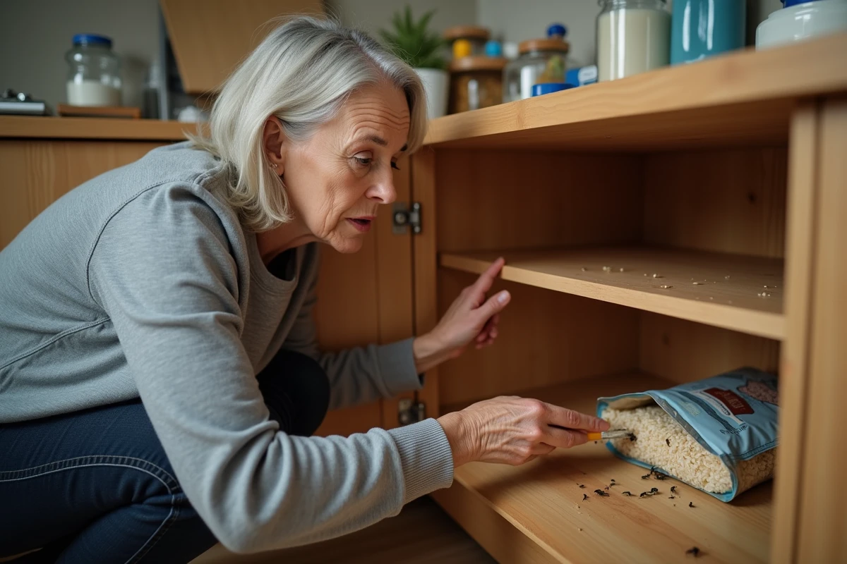 Femme découvrant des petites bêtes noires dans un placard de cuisine avec des denrées alimentaires endommagées