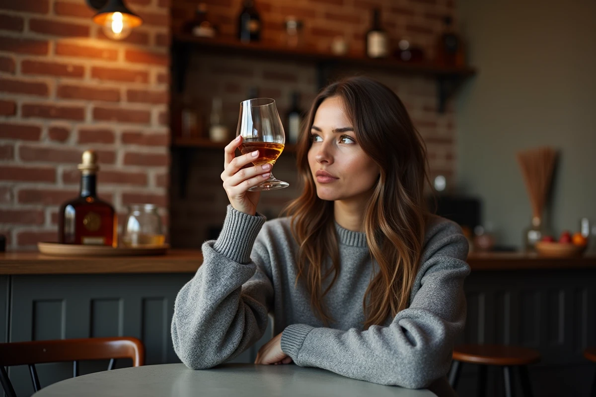 Femme observant la couleur d'un verre de whisky en carafe dans un coin bar à domicile avec briques apparentes