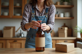 Femme emballant des bouteilles dans la cuisine avec soin