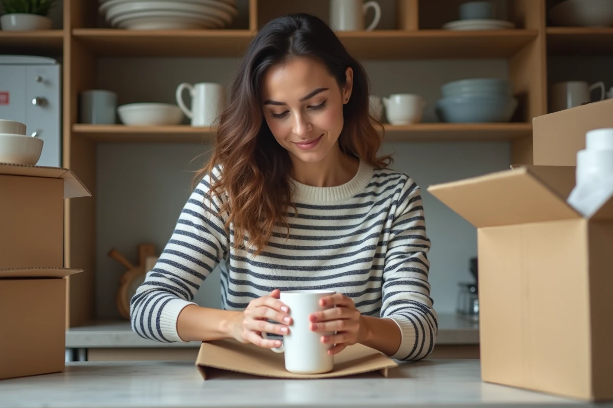Femme emballant des mugs en cuisine avec cartons