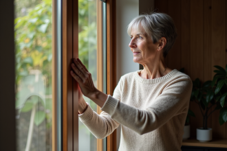 Femme regardant une fenêtre double vitrage dans un salon lumineux