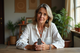 Femme méditerranéenne tenant un amulette hamsa dans un intérieur chaleureux