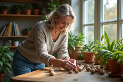 Femme inspectant des bulbes de lys dans une serre chaleureuse