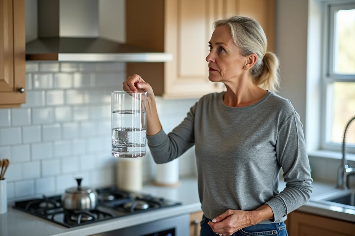 Femme inspectant une carafe en verre pour détecter des traces de calcaire dans une cuisine équipée d'un aimant anti-calcaire