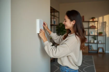 Jeune femme posant un interrupteur sans fil dans un salon moderne